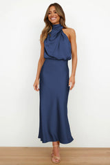 Aukje – Elegantes ärmelloses Maxikleid Aus Satin – Blau