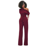 Veronica | Damen One Shoulder Weites Bein Jumpsuit – Weinrot