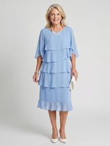 Vesperina | Damen Gestuftes Midi Kleid mit Rüschenärmeln – Blau