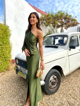 Damen-Abendkleid mit One-Shoulder-Form | klare Linienführung – Olivgrün