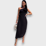 Lunelle – Asymmetrisches Kleid mit Rosendetail – Schwarz