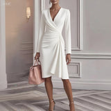 Vevina | Damen Wickelkleid V-Ausschnitt Langarm Knielang – Weiß