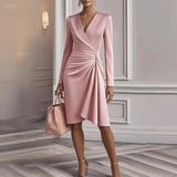 Vevina | Damen Wickelkleid V-Ausschnitt Langarm Knielang – Rosa