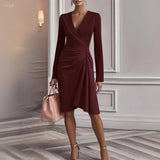 Vevina | Damen Wickelkleid V-Ausschnitt Langarm Knielang – Burgunder