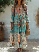 Elegantes Vintage Midi-Kleid mit Blumenmuster und V-Ausschnitt – Lässig und stilvoll mit langen Ärmeln – Blau