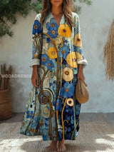 Elegantes Vintage Midi-Kleid mit Blumenmuster und V-Ausschnitt – Lässige Langarm-Design – Floral