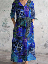 Chic Vintage Floral Art Print Midi Dress with V-Neck and Three-Quarter Sleeves – A