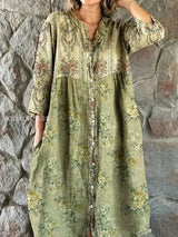 Chic Vintage Bohemian Floral Midi Dress with V-Neck and Three-Quarter Sleeves – A
