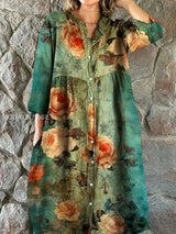 Elegantes Midi Kleid mit Vintage Bohemian Blumenmuster, V-Ausschnitt und Drei-Viertel-Ärmeln – A