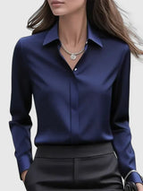 Vivienne | Damen Langarm Hemdbluse mit Kragen – Marineblau