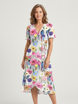 Zafrina | Midi-Kleid mit abstraktem Muster – Weiß