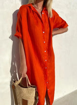 Wanda | Damen Kurzarm Hemdblusenkleid Midi – Rot