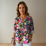 Addison | Blumenmuster Knotenverschluss Bluse – Blau - Rosa