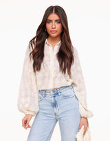 Elegante transparente Bluse mit Blumenmuster – Creme – Creme
