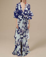 Willa | Damen Blumen Wickelkleid Maxi – Blau