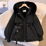 Damen Winterparka mit Kunstfell Kapuze und verstellbarer Taille – schwarz