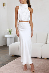 Elegantes Satin-Zweiteiler-Set – Neckholder-Top & Maxi-Rock – Weiß