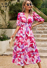 Damen V-Ausschnitt Blumen A-Linie Midi Kleid – Rosa