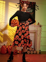 Kürbis Druck Lange Ärmel Halloween Kostum Kleid | Midi – Schwarz 1
