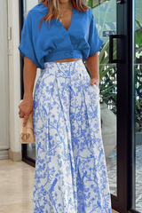 Damen Set | V-Ausschnitt Top und Pantalon Kombination – Blau