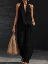 Nele | V-Ausschnitt-Top & weite Hose im Leinen-Look – Schwarz