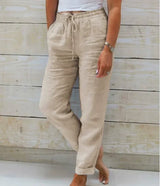 Kayla | Damenhose aus Baumwoll-Leinen mit elastischem Bund – Khaki