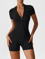 Elena | Nahtloser Kurzarm-Zip-Jumpsuit – Schwarz