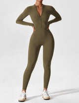 Lina | Nahtloser Full-Zip Bodysuit – Olivgrün