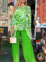 Tamsin | Damen Zweiteiler Set Oversize Bluse Palazzo Hose – Grün