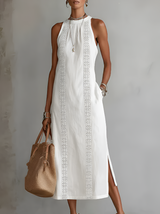 Zenobia | Damen Ärmeloses Midikleid mit Stehkragen – Weiß