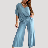 Zivana | Damen Zweiteiler V-Ausschnitt Weite Hose Set – Hellblau