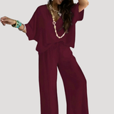 Zivana | Damen Zweiteiler V-Ausschnitt Weite Hose Set – Burgunder