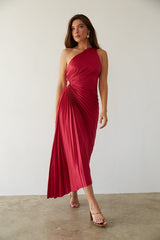 Sylviana - Ein-Schulter Plissiertes Midi-Kleid – Rot